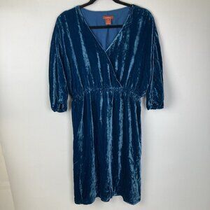 Sundance Silk Blend Teal Velvet Dress Size Medium V Neck 3/4 Sleeves